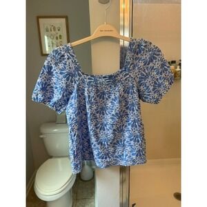LOFT Women's Small Blue White Eyelet Floral Puff Sleeve Cotton Top